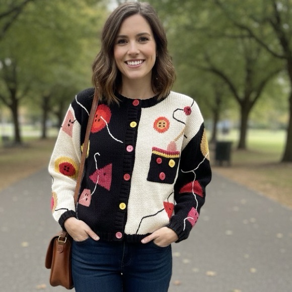 Lisa Nichols Sweaters - Vintage ,Lisa Nichols ,Novelty Print, Mercerized Cotton, Cardigan ,Vibrant Color